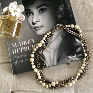 Pearl Brass and Rhinestone Necklace